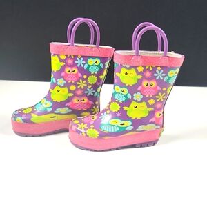 Western Chief -  Toddler Girl's Glittery Rainboots - Owl/Flower Print - Size 5/6